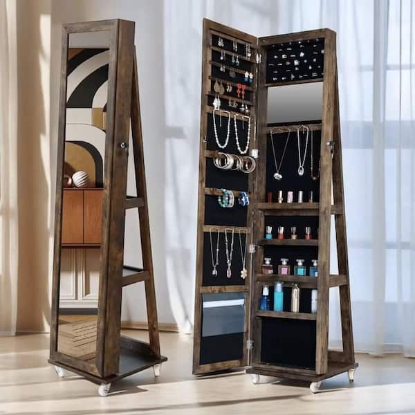 YESSKY DOWELL ENTER LLC Antique Gray 16 in. W x 66 in. H LED Lockable Mirror Jewelry Cabinet, 360° Swivel Jewelry Cabinet Full Length Mirror