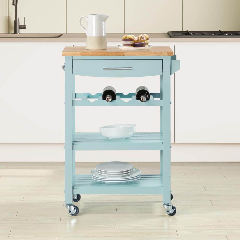 Sea Foam Blue Wood Butcher Block Kitchen Cart with Wine Rack
