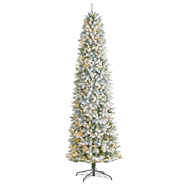 Nearly Natural 9 ft. Pre-Lit LED Slim Flocked Montreal Fir Artificial Christmas Tree with 600 Warm White Lights