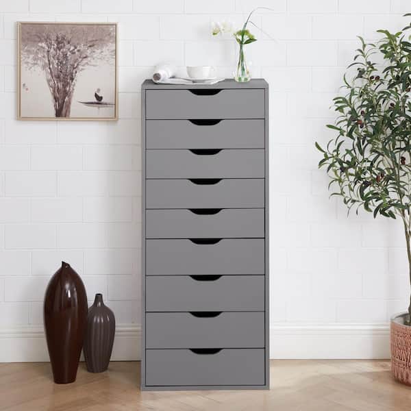 9-Drawer Gray Wood 18.9 in. W Vertical File Cabinet, Closet and Office Storage Dresser with Drawers for Organization