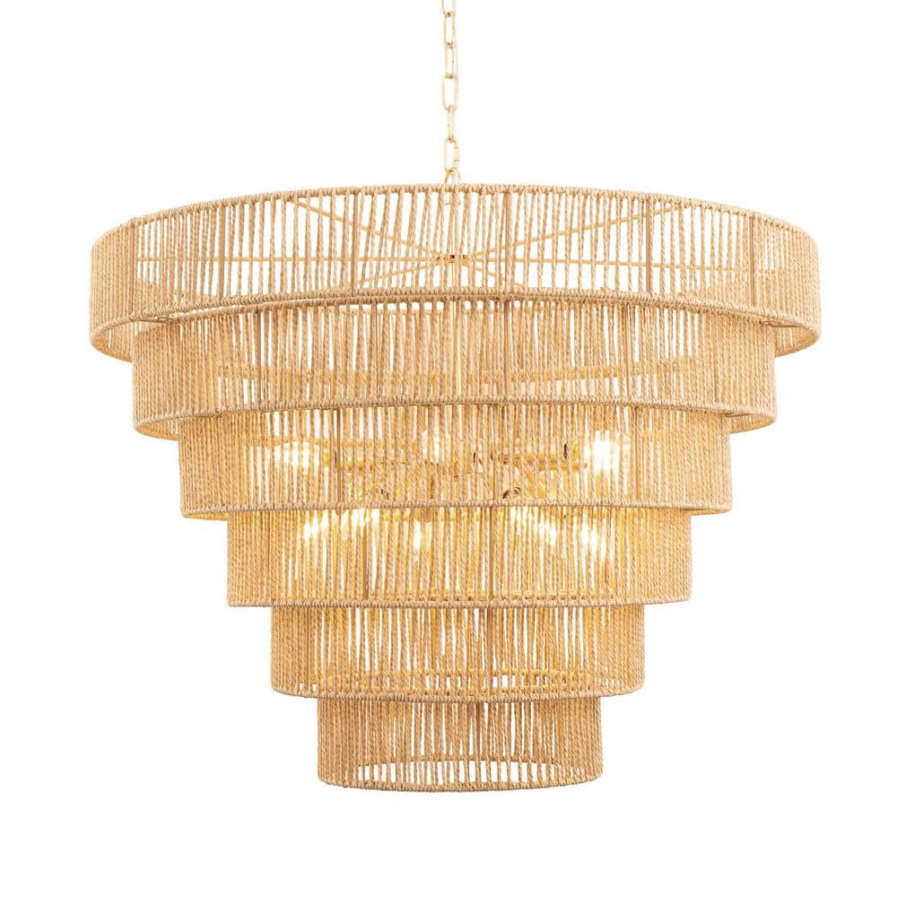 YANSUN 31.5 in. 12-Light Hand Woven Rattan Pendant Light