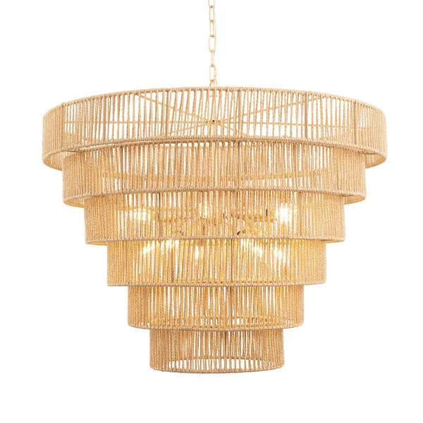 31.5 in. 12-Light Hand Woven Rattan Pendant Light, Boho Brown Large Farmhouse Chandelier with 5-Tier Rattan Shade