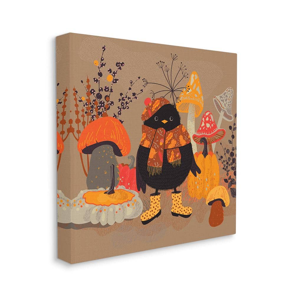 Cozy Crow with Mushrooms Brown Canvas Wall Art, 17 x 17