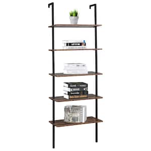 70.87 in. Tall Brown Wood 5-Shelf Ladder Bookcase with Open Shelves, Storage