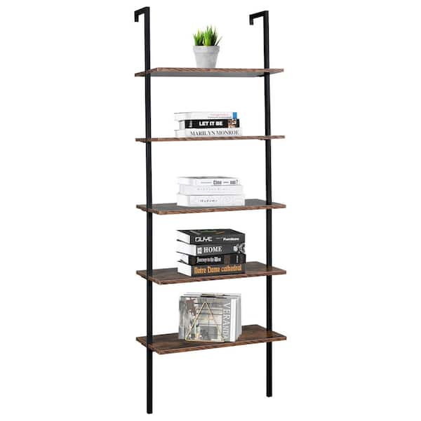 Winado 70.87 in. Tall Brown Wood 5-Shelf Ladder Bookcase with Open Shelves, Storage