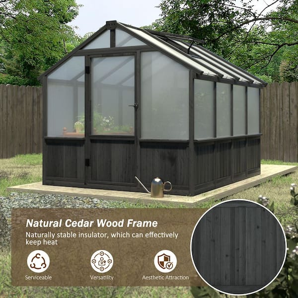 8 ft. x 8 ft. Cedar Wood Black Greenhouse Polycarbonate Greenhouse with Roof Vent, Greenhouse for Outside Garden