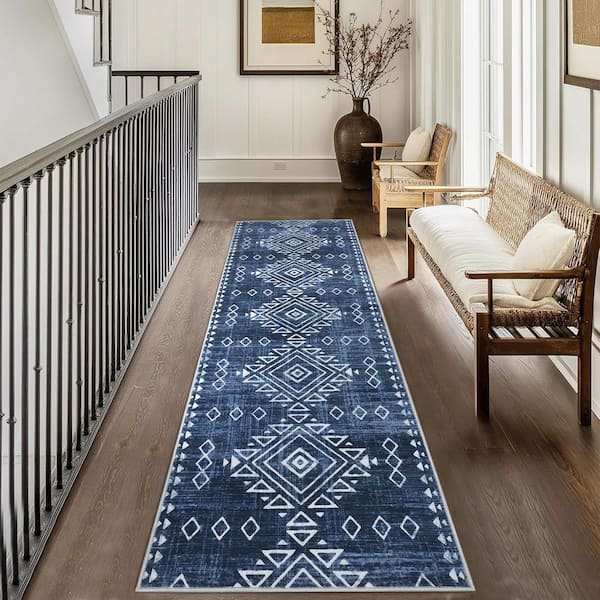 Blue 2x6ft Geometric Retro Corridor Strip Carpet Tribal Style Distressed Area Rug