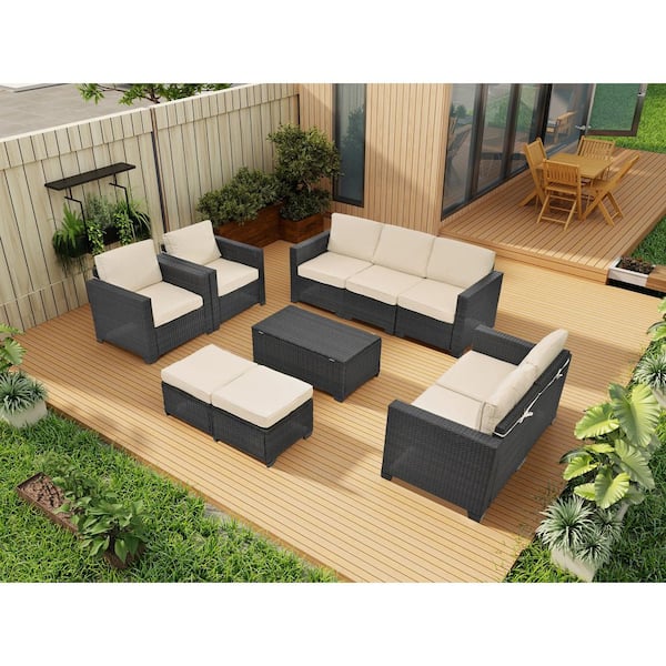 Unbranded 10 Pieces Wicker Outdoor Patio Furniture Set, Sectional Sofa Set, with Beige Cushions & Tempered Glass Coffee Table