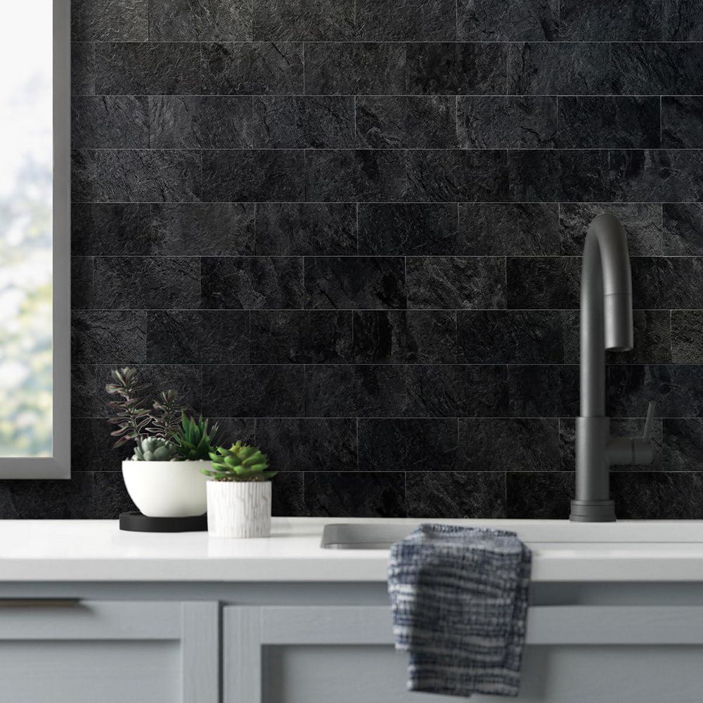 Black 3 in. x 6 in. PVC Faux Stone Peel and Stick Backsplash Wall Tiles 100-Pack