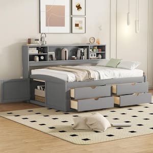 Gray Wood Frame Full Size Daybed with 2-Bedside Cabinets, 4-Storage Drawers, Upper Shelves