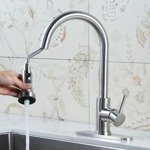 Henassor Single Handle Pull-Down Sprayer Kitchen Faucet with Deck Plate in Brushed Nickel