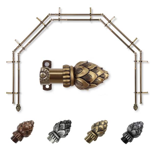 EMOH 13/16" Dia Adjustable 5-Sided Double Bay Window Curtain Rod 28 to 48" (each side) with Jace Finials in Antique Brass