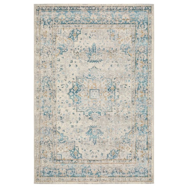 Nolan Ivory/Blue 10 ft. x 13 ft. Traditional Distressed Oriental Polypropylene Indoor/Outdoor Area Rug