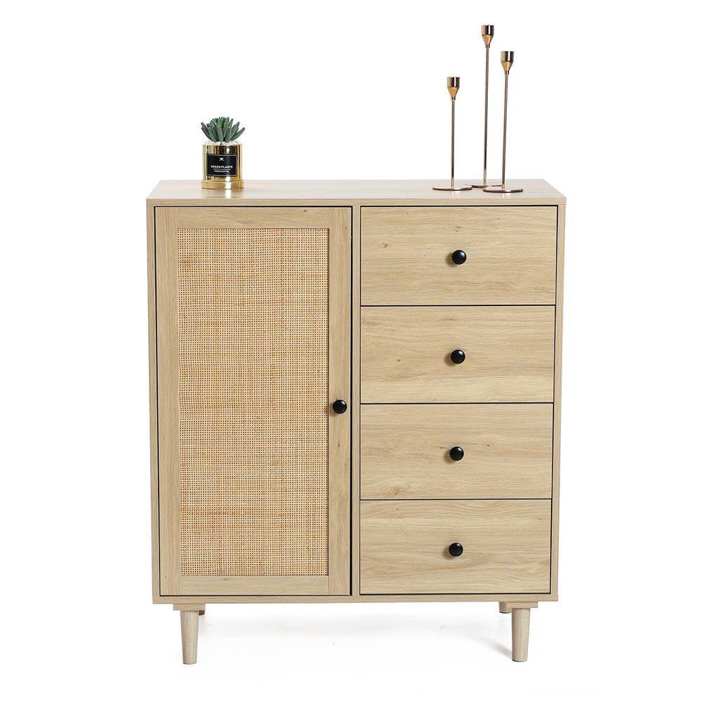 White Oak and Rattan 4-Drawer Storage Cabinet
