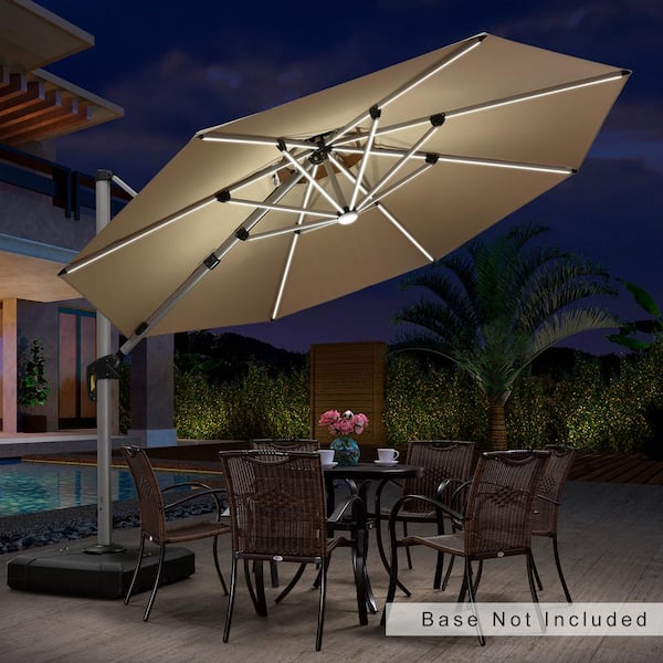 PURPLE LEAF 11 ft. Octagon Solar Powered LED Patio Umbrella Outdoor Round Large Cantilever Umbrella Heavy-Duty Sun Umbrella in Beige