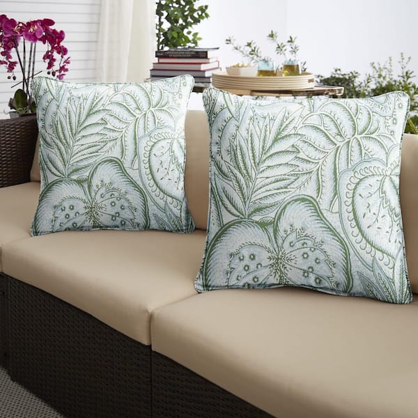 Sorra Home 18 in. x 18 in. x 6 in. Gardenia Seaglass Square Outdoor/Indoor Knife Edge Throw Pillow (Set of 2)