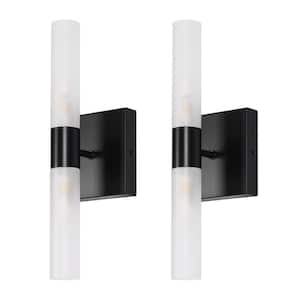 3.94 in. 2-Light Matte Black Modern Cylinder Bathroom Vanity Light Wall Sconces with Frosted White Glass Shade (2-Pack)