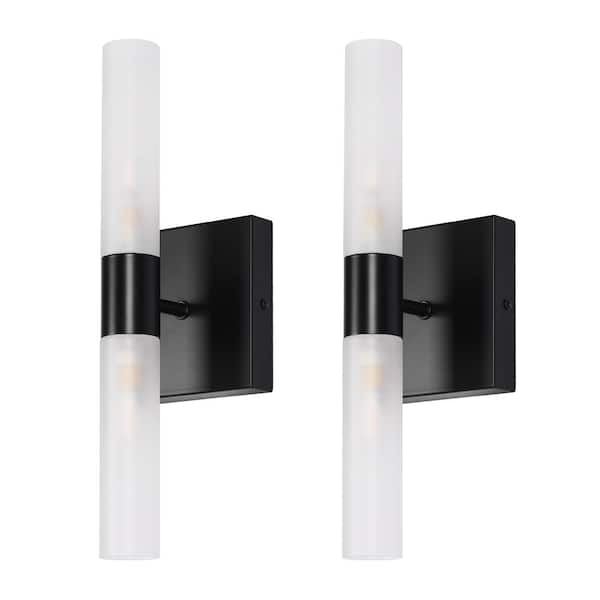 YANSUN 3.94 in. 2-Light Matte Black Modern Cylinder Bathroom Vanity Light Wall Sconces with Frosted White Glass Shade (2-Pack)