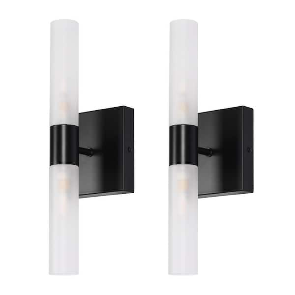 YANSUN 3.94 in. 2-Pack Matte Black 2-Light Cylinder Wall Sconces with Frosted Glass Shades for Bathroom Vanity