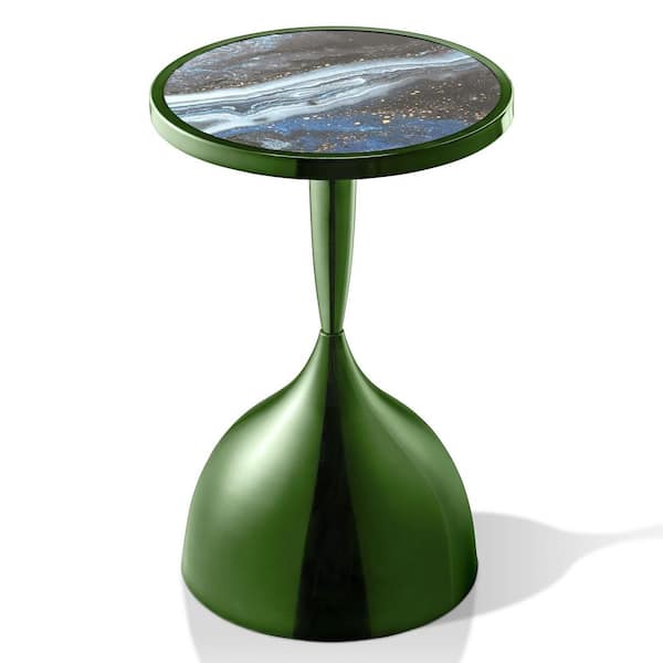 Knoll 15.75 in. Boho Polished Green Metal Round Faux Marble Top End Table