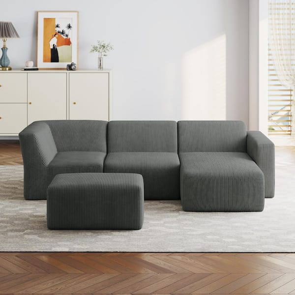 114 in. Square Arm 4-Piece Corduroy Modular Free Combination Sectional Sofa in Gray with Ottoman