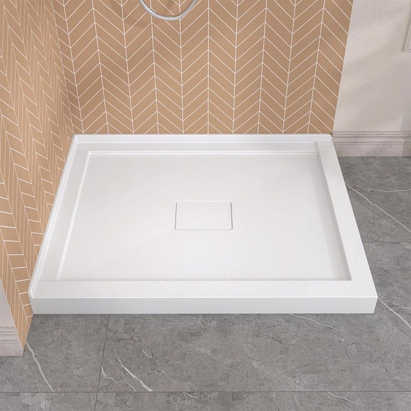 42 in. x 34 in. Double Threshold Shower Pan Corner Shower Pan Base in White with Center Drain Hole and Magnetic Cover