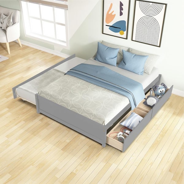 Qualler Gray Full Size Bed with Twin Size Trundle and 2-Drawers