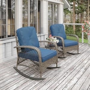 Salerno Gray Wicker Outdoor Rocking Chair with Blue Cushions