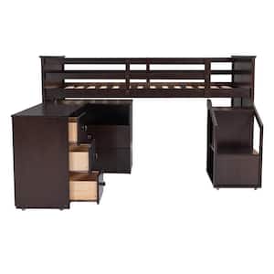 Modern Brown Wooden Twin Size Loft Bed, Low Loft Bed Frame with Movable Portable Desk and Storage Steps for Kids