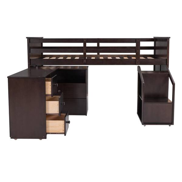 URTR Modern Brown Wooden Twin Size Loft Bed, Low Loft Bed Frame with Movable Portable Desk and Storage Steps for Kids