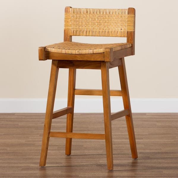 Asgart 28.1 in. Light Honey Rattan and Natural Brown Wood Bar Stool
