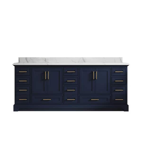 Willow Collections Fenway 84 in. W x 22 in. D x 36 in. H Double Sink Bath Vanity in Navy Blue with 1.5" Calacatta Quartz Top