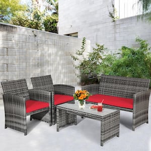 8-Piece Wicker Patio Conversation Set Rattan Furniture Sofa Set with Red Cushions