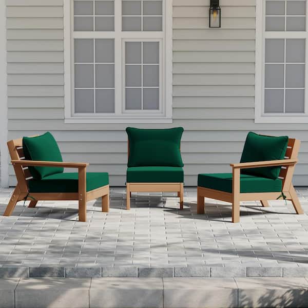 Birchwood Teak Arrangeable Outdoor Patio 3-Piece Deep Seating HDPE Sofa Arm Chair Set w/ Green Cushions