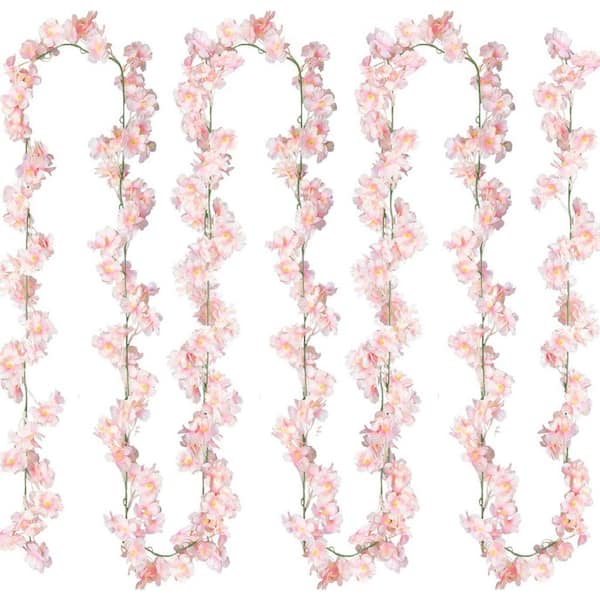 5 in. Pink Artificial Cherry Blossom Flower with Hanging Silk Garland for Home, Wedding Garden and Party