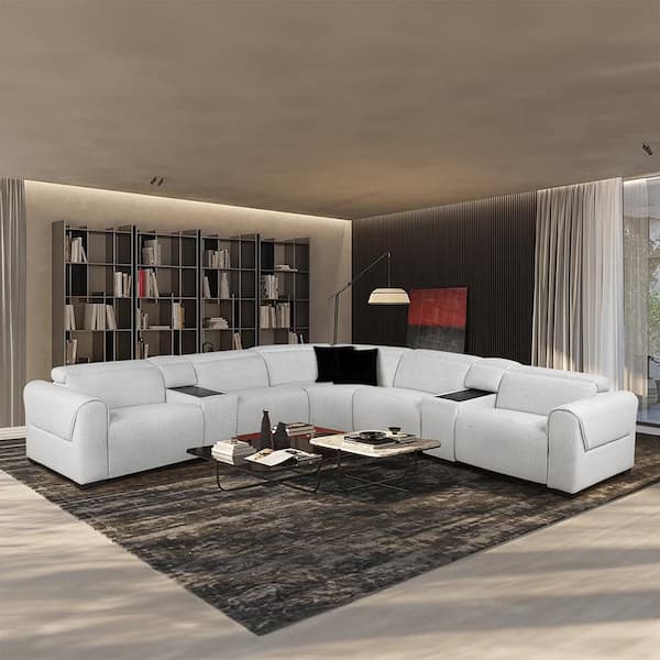Violetta 137.5 in. Pillow Top Arm 7-Piece Chenille Modular Power Reclining Sectional Sofa in Cloud with Power Headrests