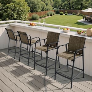 Metal Outdoor Bar Stool Patio Bar Chairs in Earth with Armrests, Footrest and Breathable Textilene Seat (4-Pack)