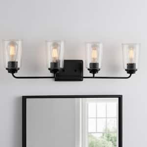 Evangeline 32-3/8 in. 4-Light Matte Black Farmhouse Bathroom Vanity Light with Clear Seeded Glass Shades