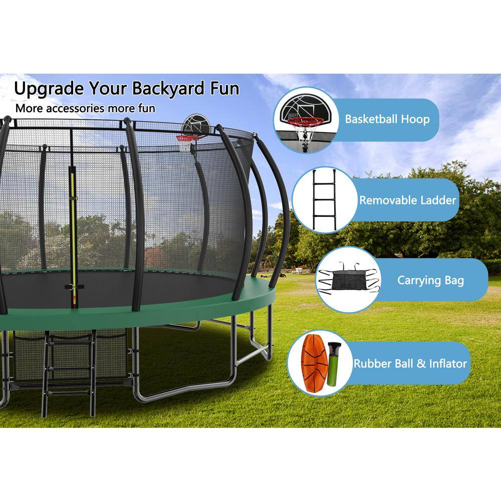 15FT Black and Green Round Trampoline with Enclosure Net and Ladder