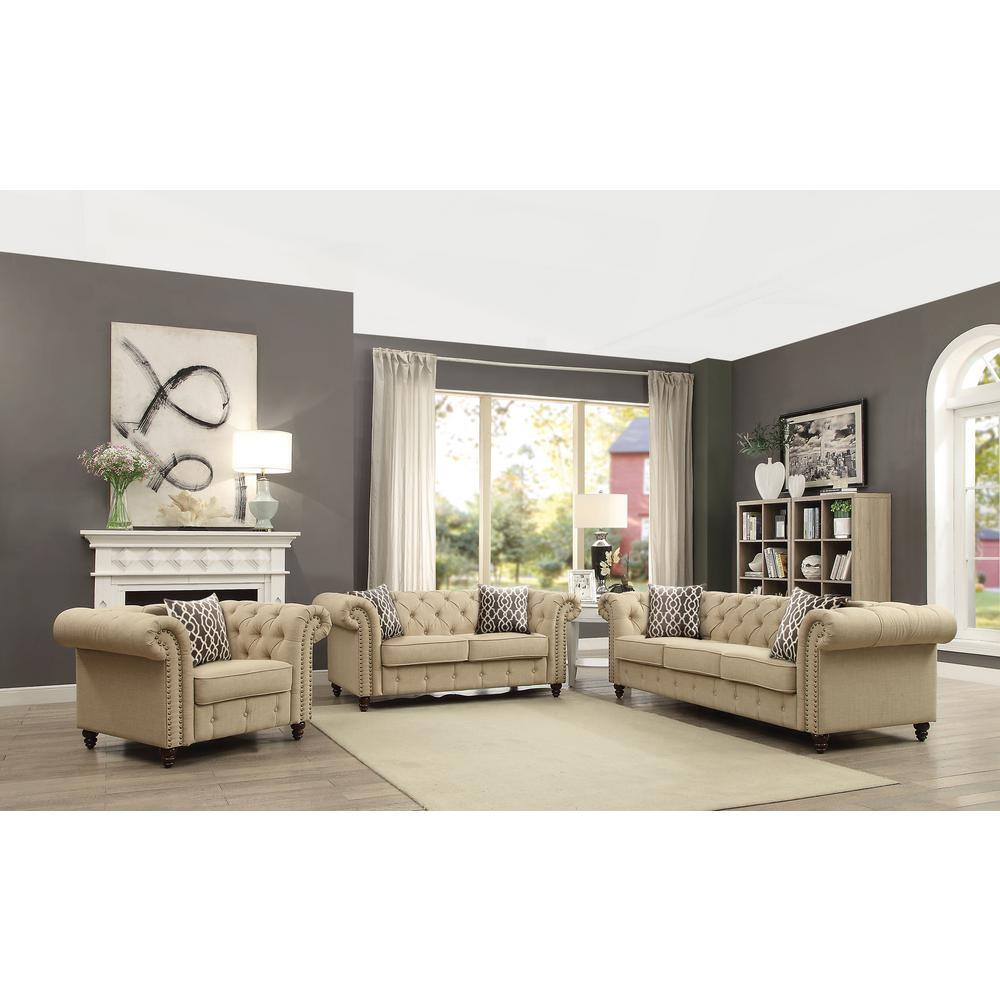 Beige Linen Tufted Loveseat with Nailhead Trim