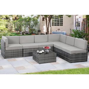 Grey 7-Piece Patio Rattan Wicker Sofa Set Outdoor Sectional Conversation Furniture Chair Set w/ Grey Cushion