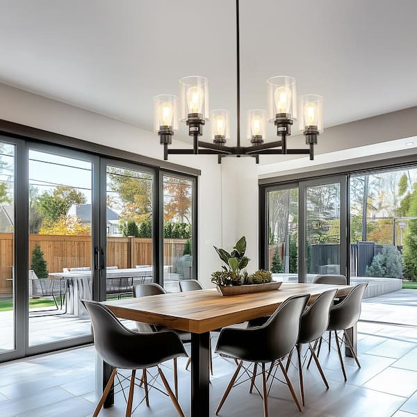 6-Light Black Farmhouse Chandelier with Clear Glass Shades, Black Pendant Lighting for Kitchen Island or Dining Room