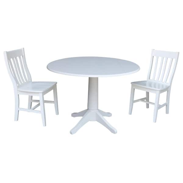 International Concepts Olivia 3-Piece 42 in. White Round Drop-Leaf Wood Dining Set with Cafe Chairs