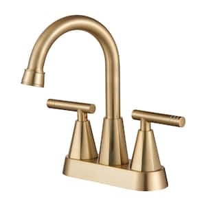 High-gooseneck 4 in. Centerset Double Handle 360° rotation Bathroom Faucet with Drain kit Included in Brushed Gold