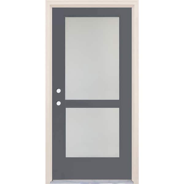 36 in. x 80 in. Right-Hand/Inswing 2 Lite Satin Etch Glass London Painted Fiberglass Prehung Front Door w/4-9/16" Frame