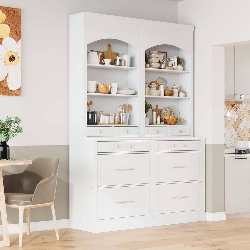 Modern 2-Piece 83.7 in. White Kitchen Pantry Cabinet with Faux Marble Top, 