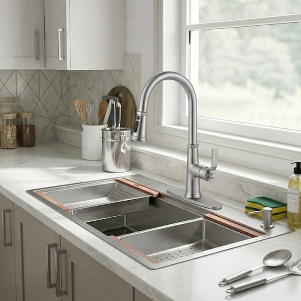 16.7 in. H Single Handle Pull Down Sprayer Kitchen Faucet with 3-Spray and 360° Spout Swivel Mode in Brushed Nickel