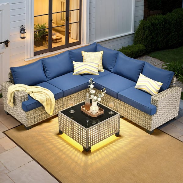 HOOOWOOO Kelleys 6-Piece Wicker Modern Outdoor Patio Conversation Sofa Sectional Set with Navy Blue Cushions