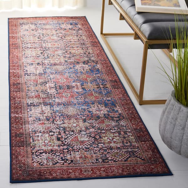 Tucson Navy/Rust 3 ft. x 10 ft. Machine Washable Border Geometric Floral Runner Rug