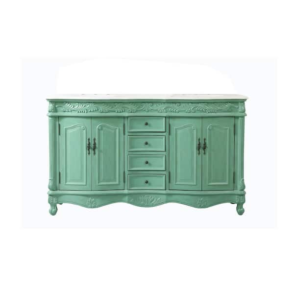 Unbranded Simply Living 60 in. Double Bathroom Vanity in Vintage Mint with Marble Vanity Top in White and Brown Vein